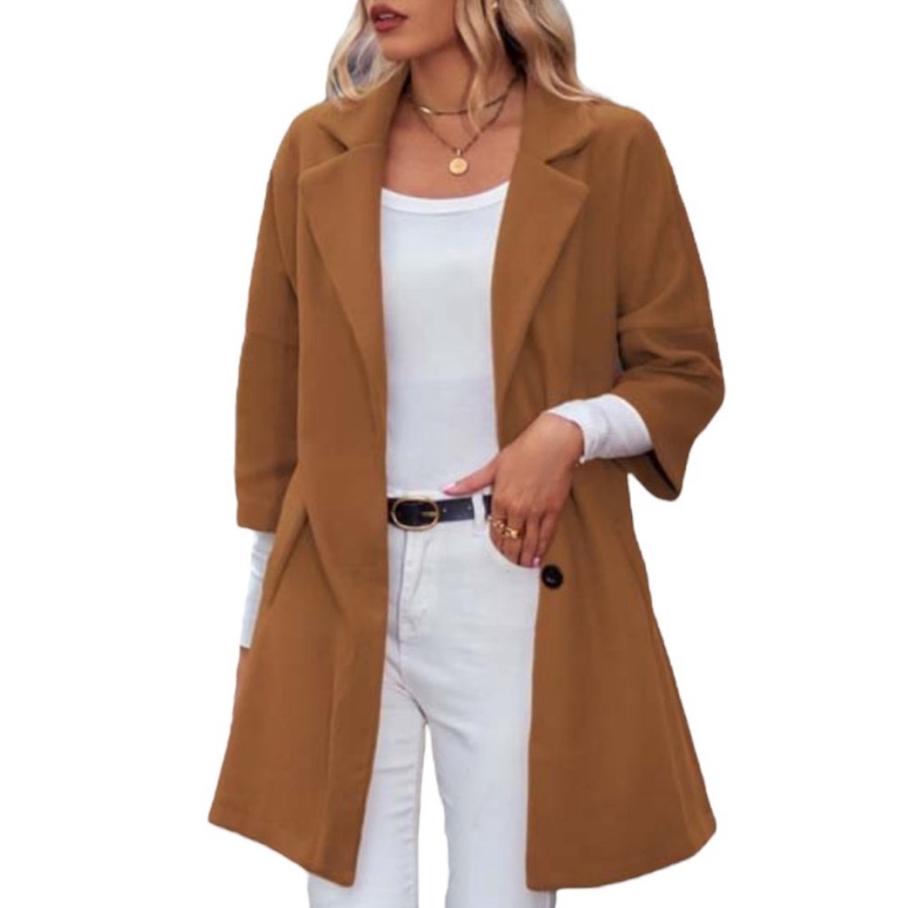Longline Felt Swing Coat with Three Quarter Sleeve Notch Collar Tan Jacket
